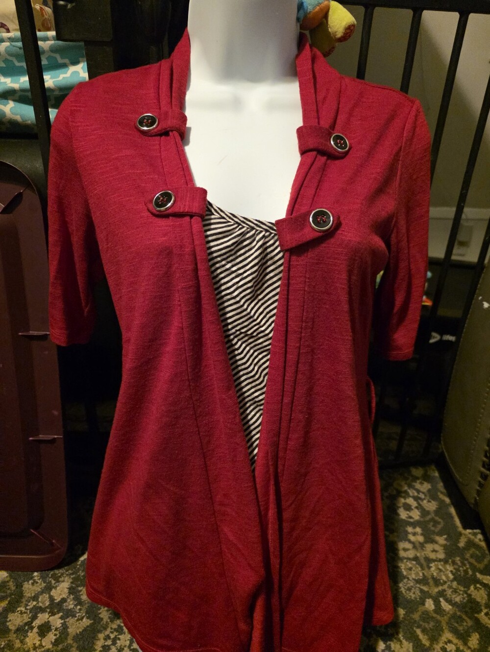 Women's Red Open Front Cardigan with Striped Tank Top Free 2 LUV Medium